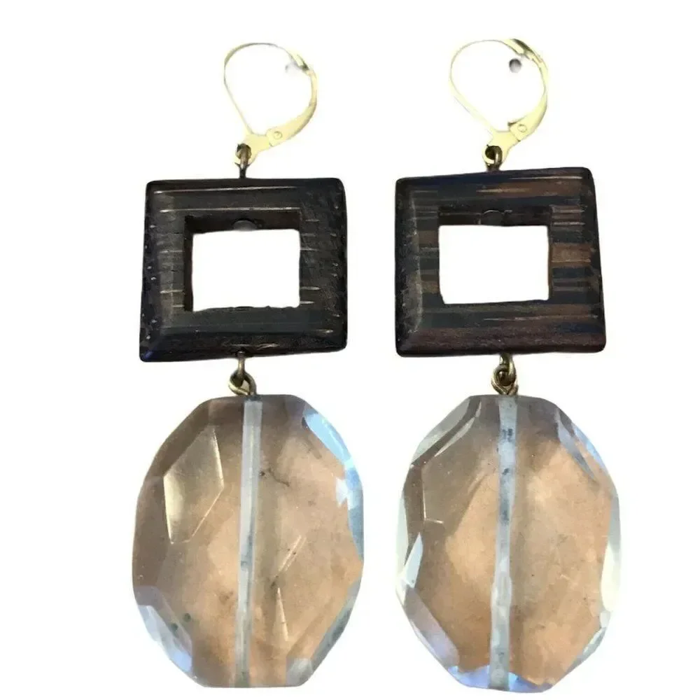 Long Dangle Pierced Earrings Wood Square Faceted Clear Plastic Oval Vintage Mod